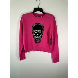NOBO Sweater Womens M Skull Graphic Distressed Cropped Long Sleeve Eyes Pink